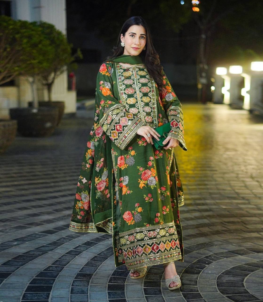 Green Elegant Heavy Chinon Silk Digital Print Suit Set