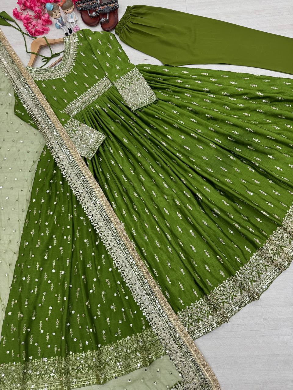 Green Elegant Heavy Chinon Silk Embroidered Gown Set with Tassel Sleeves, Bottom & Butterfly Net Dupatta