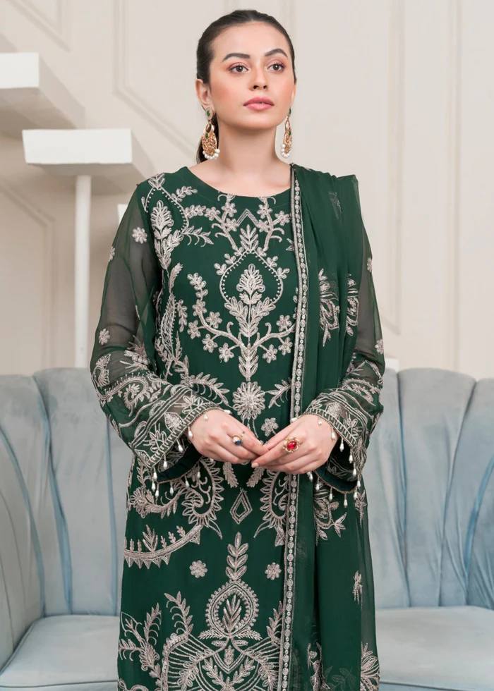Green Elegant Heavy Faux Georgette Embroidered Suit Set