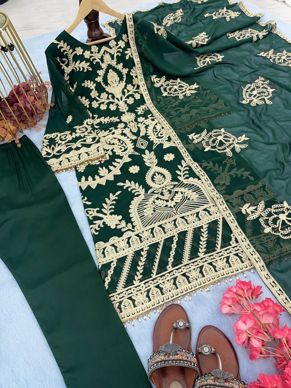 Green Elegant Heavy Faux Georgette Embroidered Suit Set