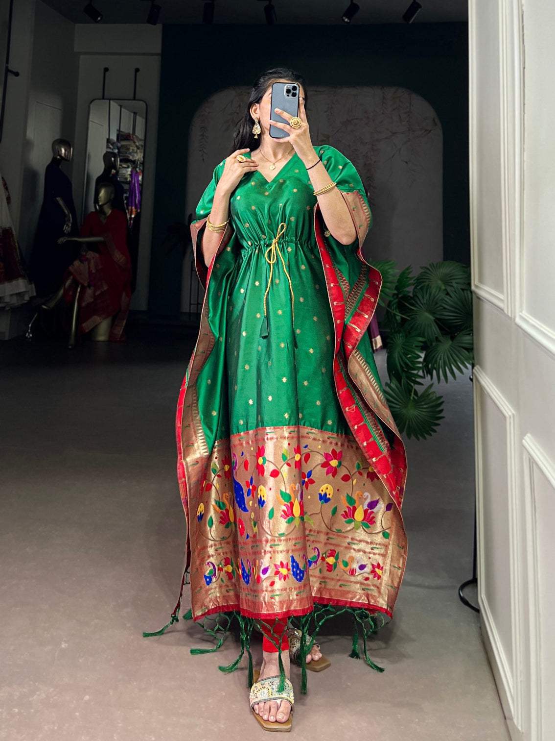 Green Elegant Jacquard Paithani Kaftan with Zari Weaving Work
