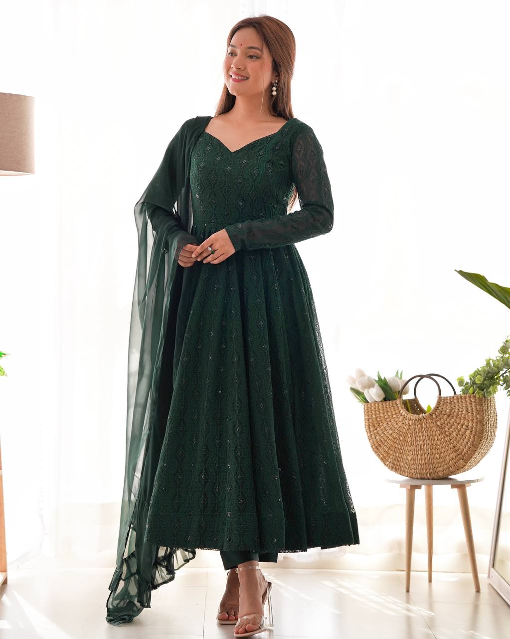 Green Elegant Lucknowi Sequin Work Anarkali Set with Ruffle Dupatta & Pant | Full Stitched Ready-to-Wear Fox Georgette Gown