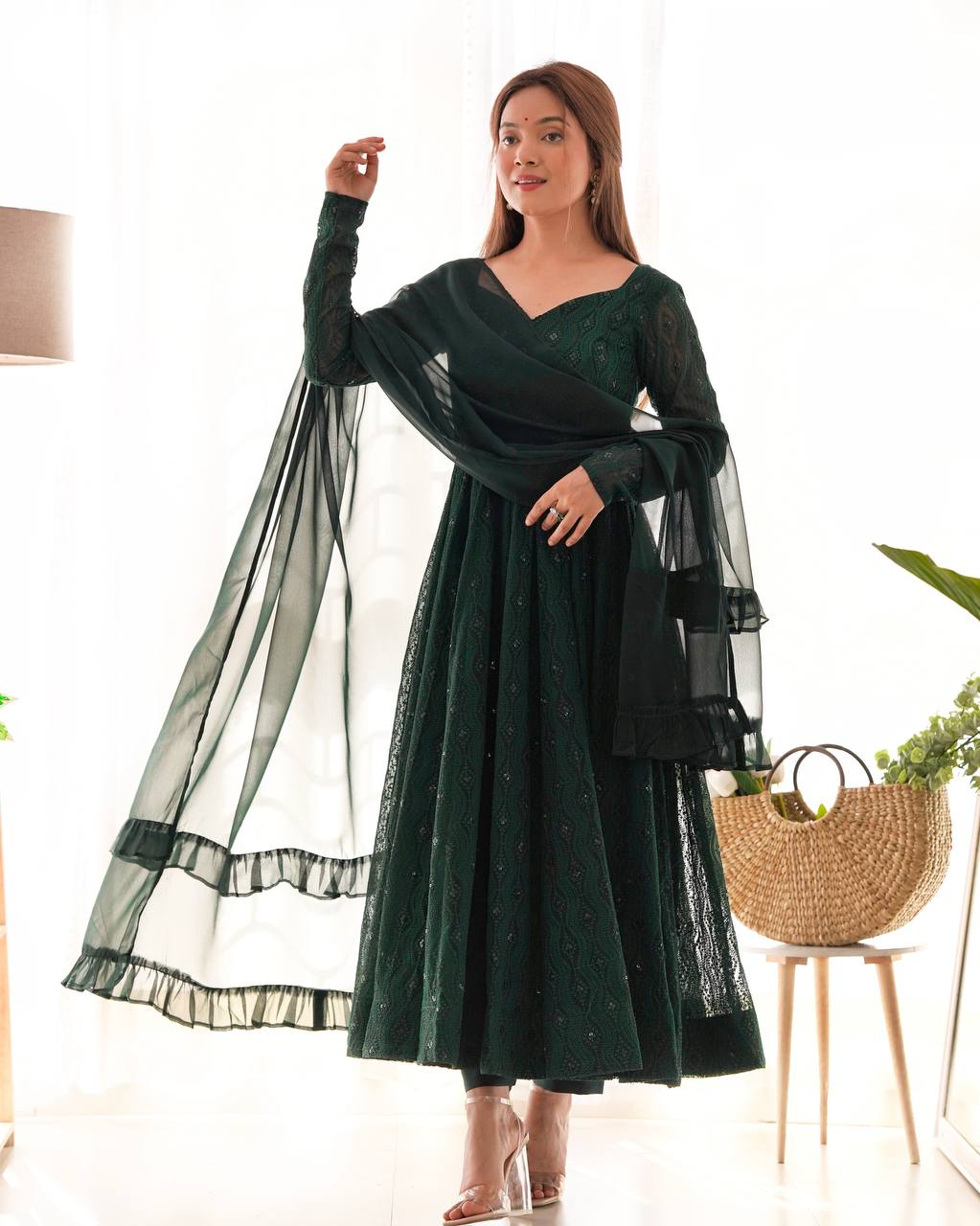 Green Elegant Lucknowi Sequin Work Anarkali Set with Ruffle Dupatta & Pant | Full Stitched Ready-to-Wear Fox Georgette Gown