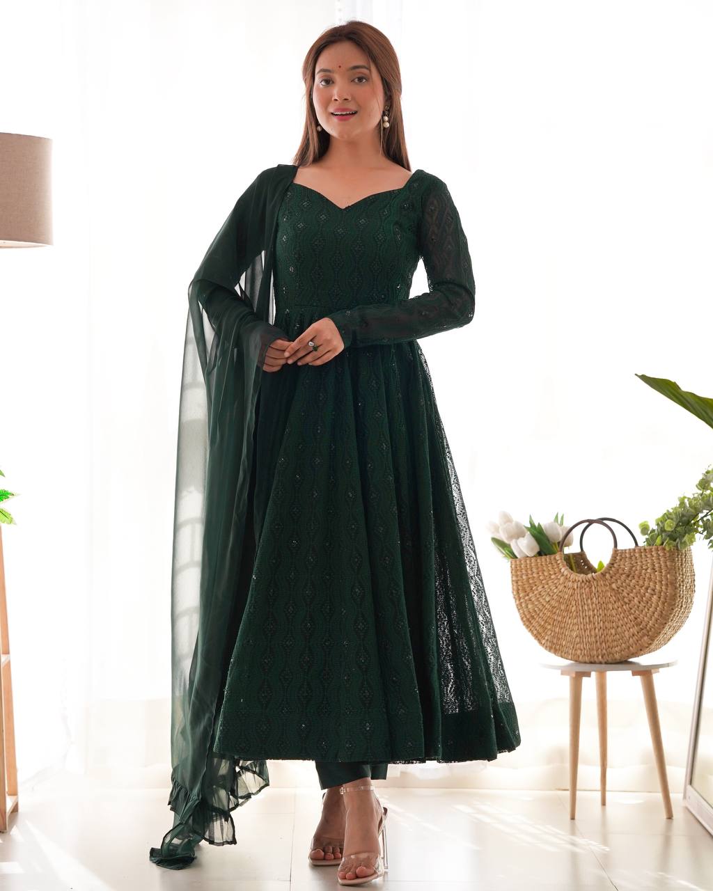 Green Elegant Lucknowi Sequin Work Anarkali Set with Ruffle Dupatta & Pant | Full Stitched Ready-to-Wear Fox Georgette Gown
