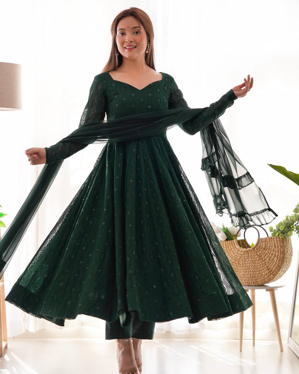 Green Elegant Lucknowi Sequin Work Anarkali Set with Ruffle Dupatta & Pant | Full Stitched Ready-to-Wear Fox Georgette Gown