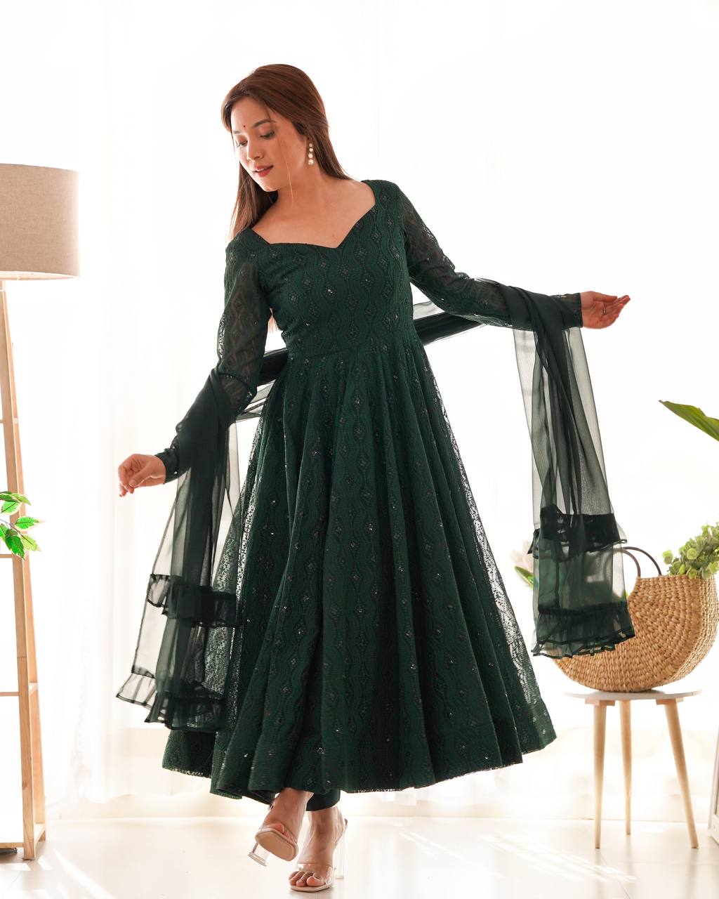 Green Elegant Lucknowi Sequin Work Anarkali Set with Ruffle Dupatta & Pant | Full Stitched Ready-to-Wear Fox Georgette Gown