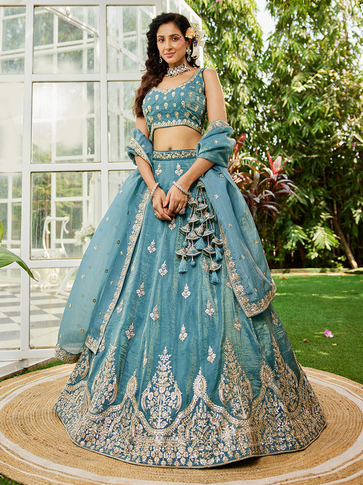 Green Elegant Organza Semi-Stitched Lehenga Set with Sequin & Thread Embroidery