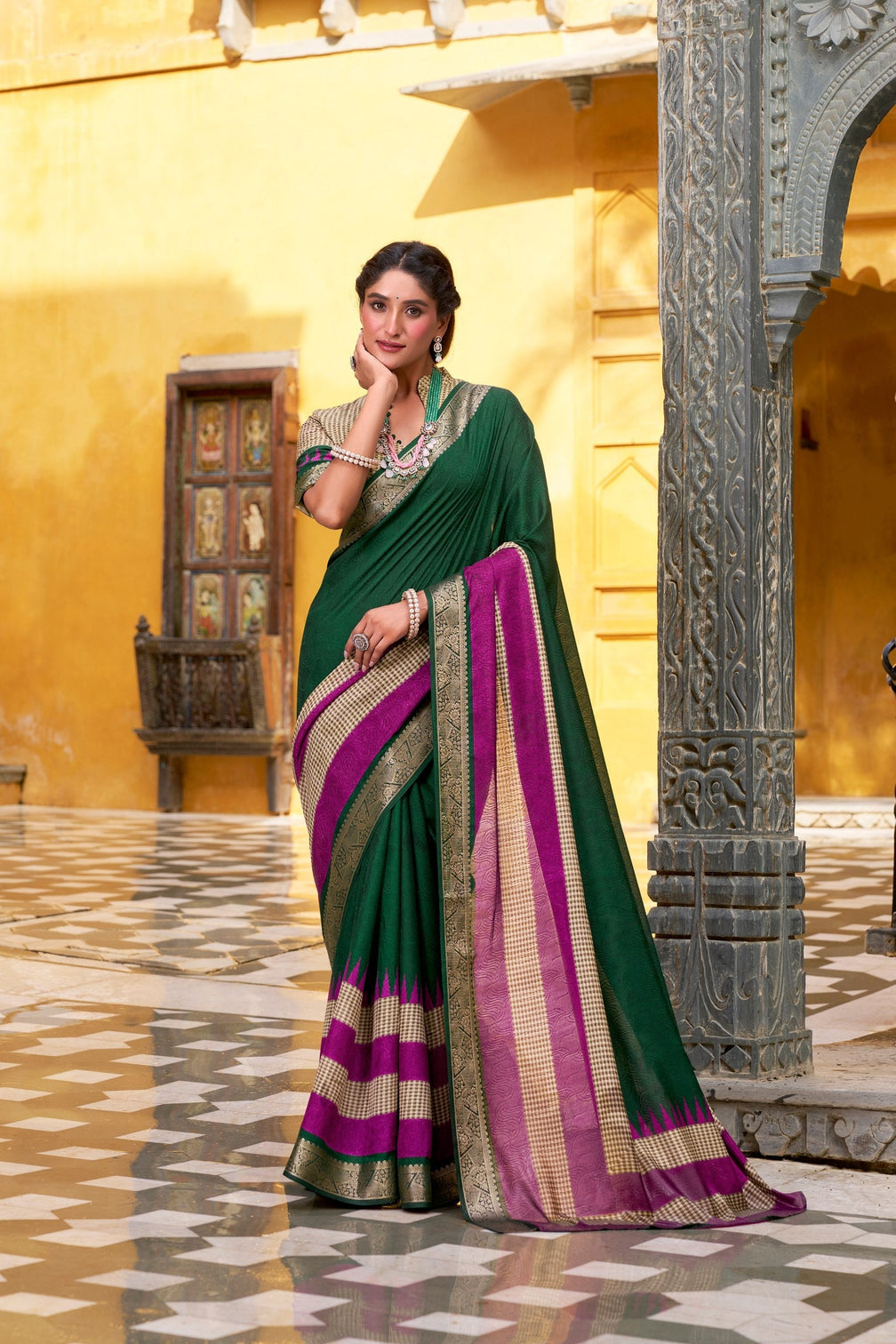 Green Elegant Poly Cotton Saree with Printed & Zari Weaving Work