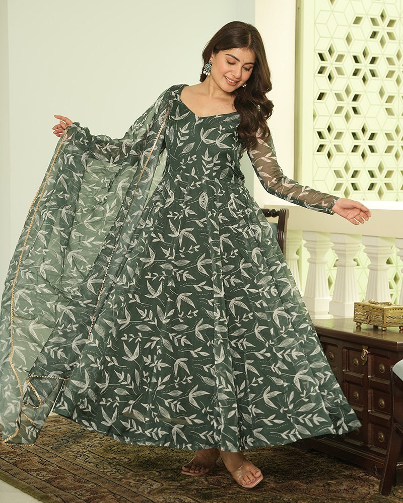 Green Elegant Printed Three-Piece Anarkali Suit