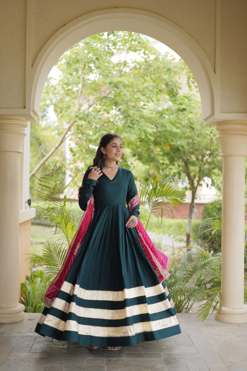 Green Elegant Rayon Gown with Dupatta