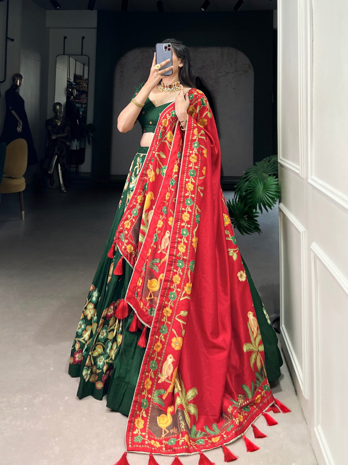 Green Elegant Tussar Silk Printed Lehenga Set with Foil Work & Gotta Patti Dupatta
