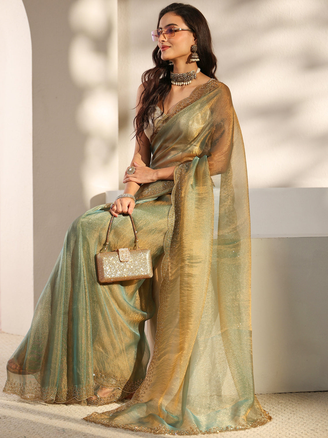 Mameraa Green Embellished Border Tissue Saree With Unstitched Blouse Piece