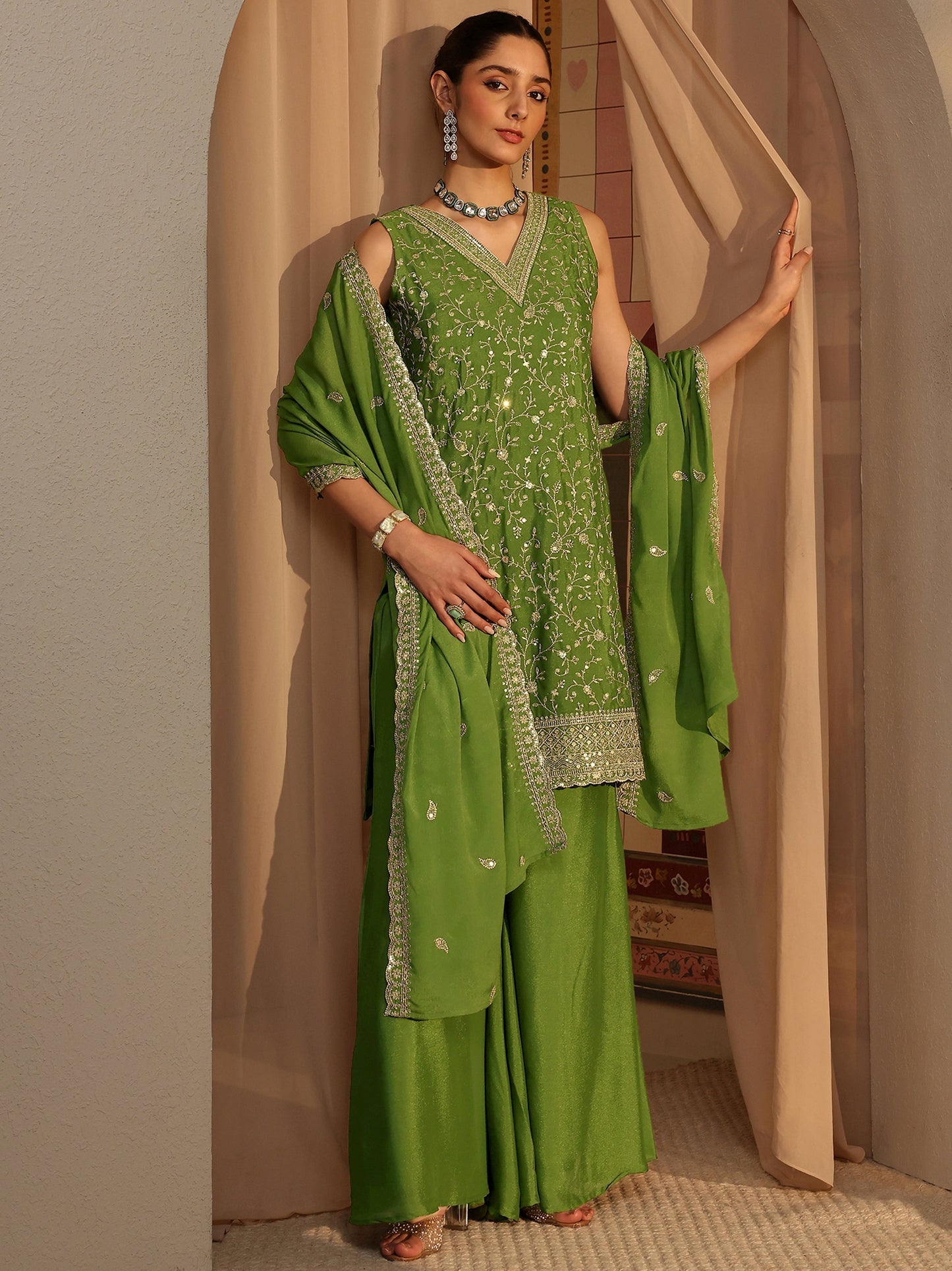 Libas Green Embellished Chinon Palazzo Suit Set With Dupatta