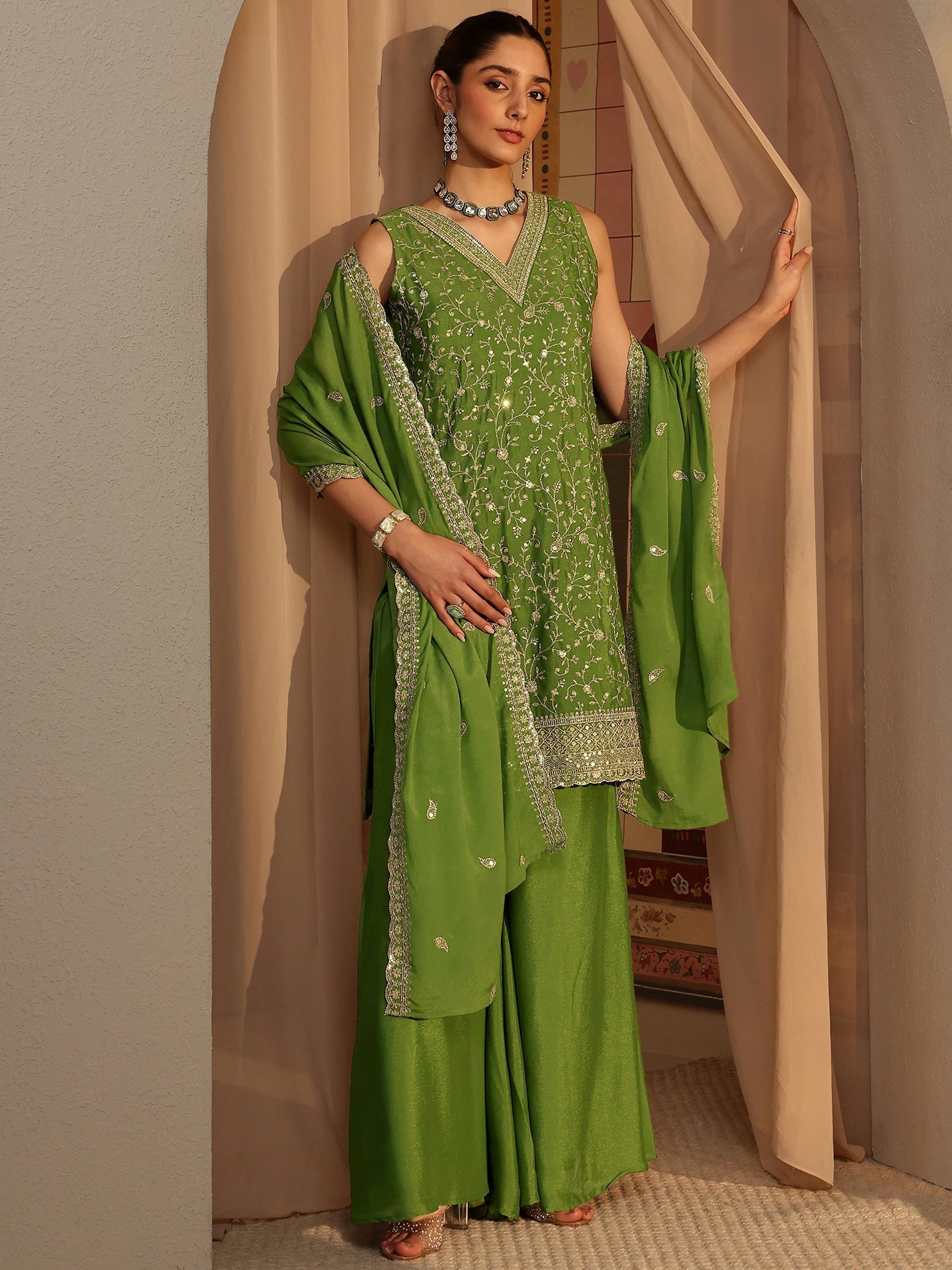 Libas Green Embellished Chinon Palazzo Suit Set With Dupatta