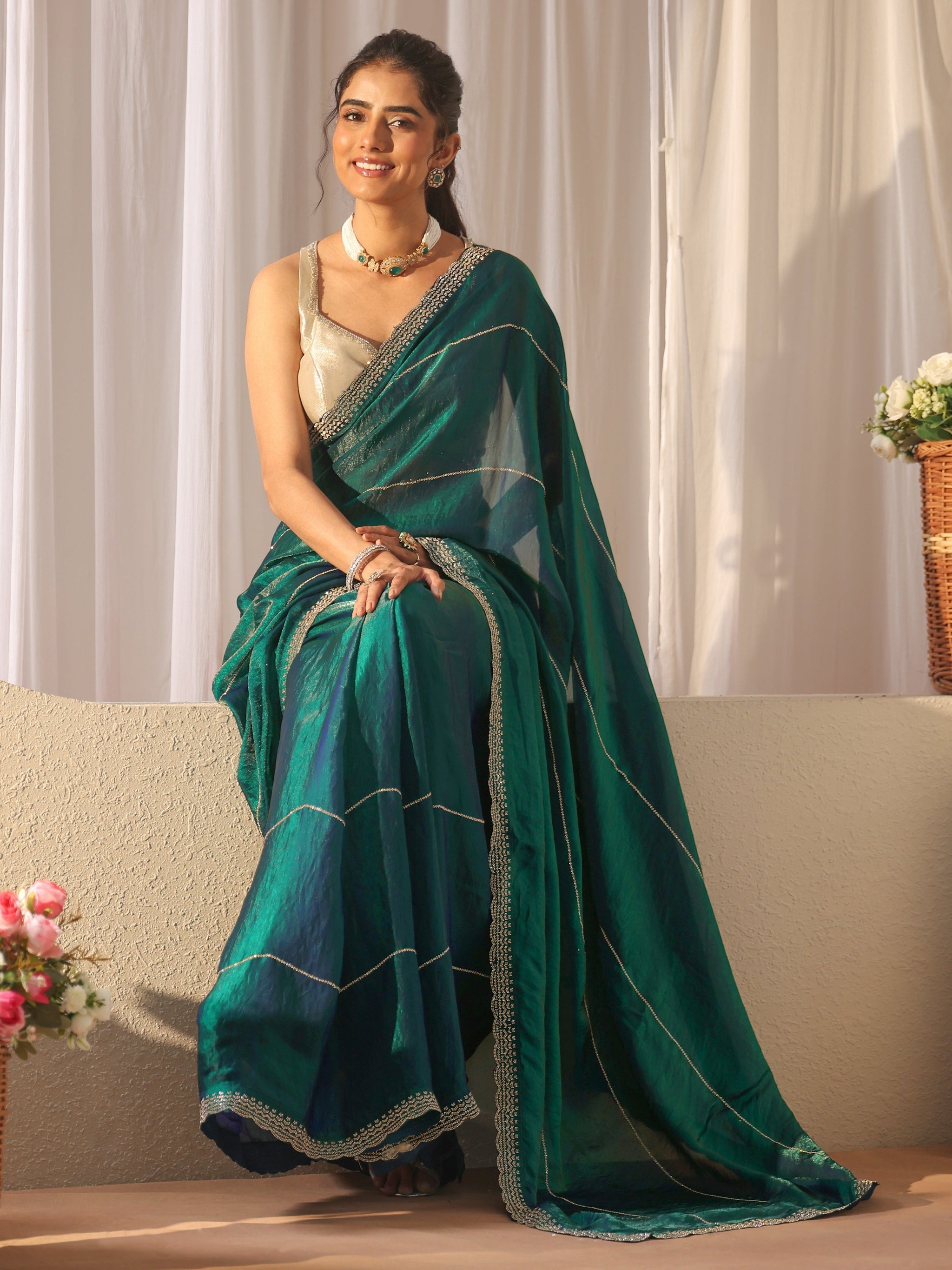 Libas Green Embellished Tissue Saree