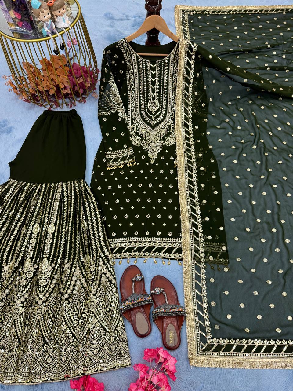 Green Embroidered Faux Georgette Plazzo Set with Sequins Work & Lace Dupatta