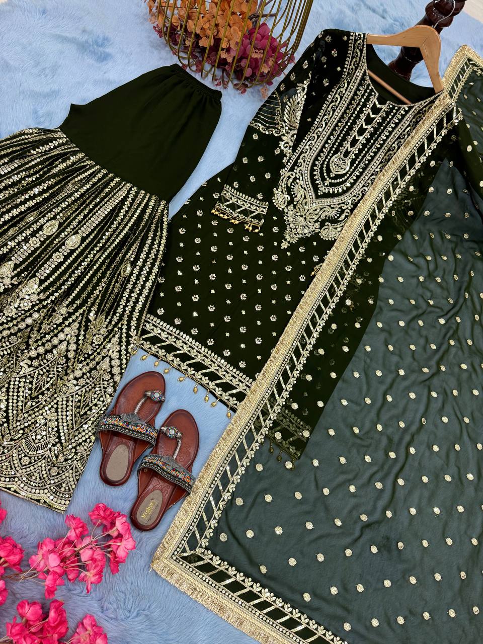 Green Embroidered Faux Georgette Plazzo Set with Sequins Work & Lace Dupatta