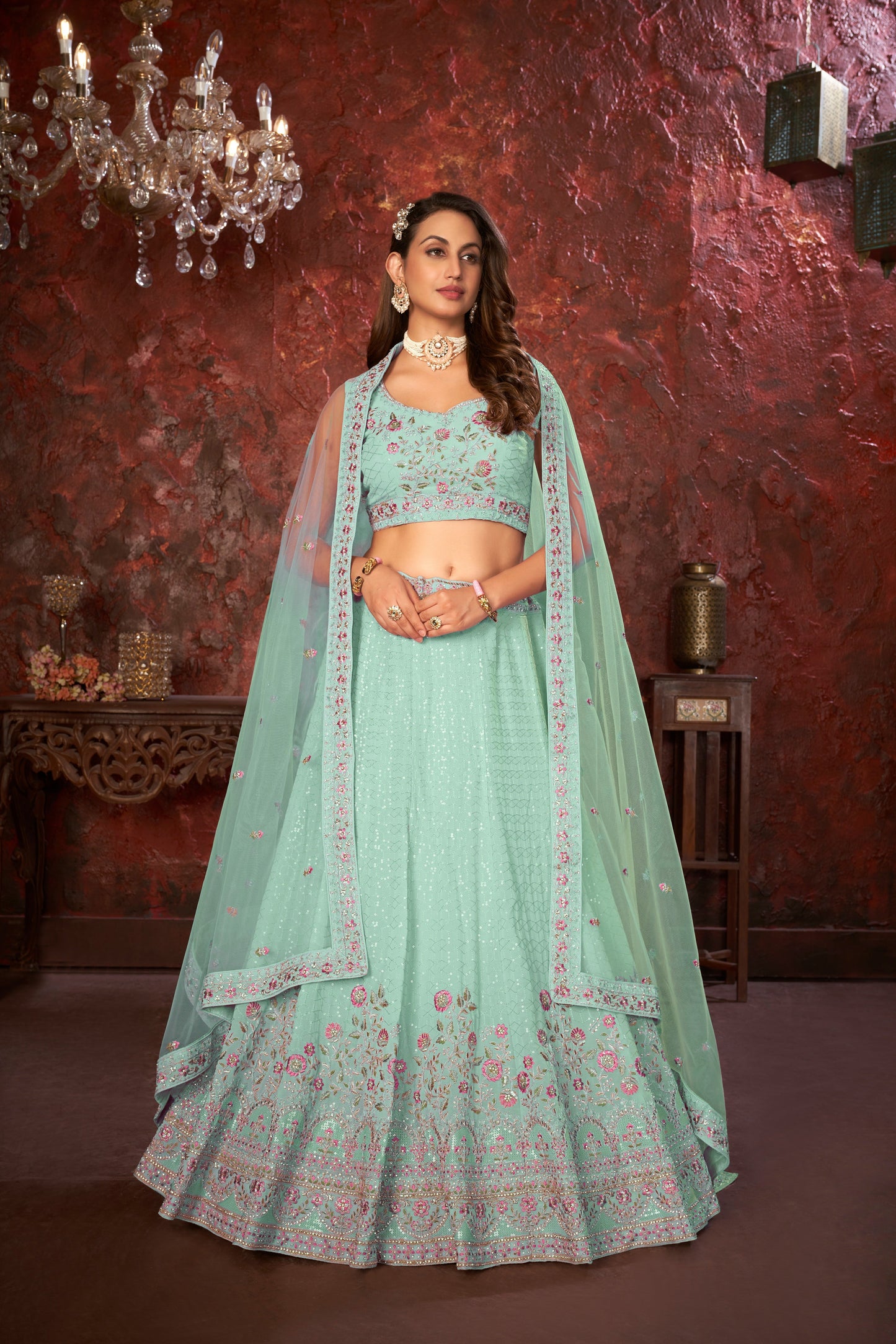 Exquisite Green Embroidered Fox Georgette Girlish Trendy Lehenga