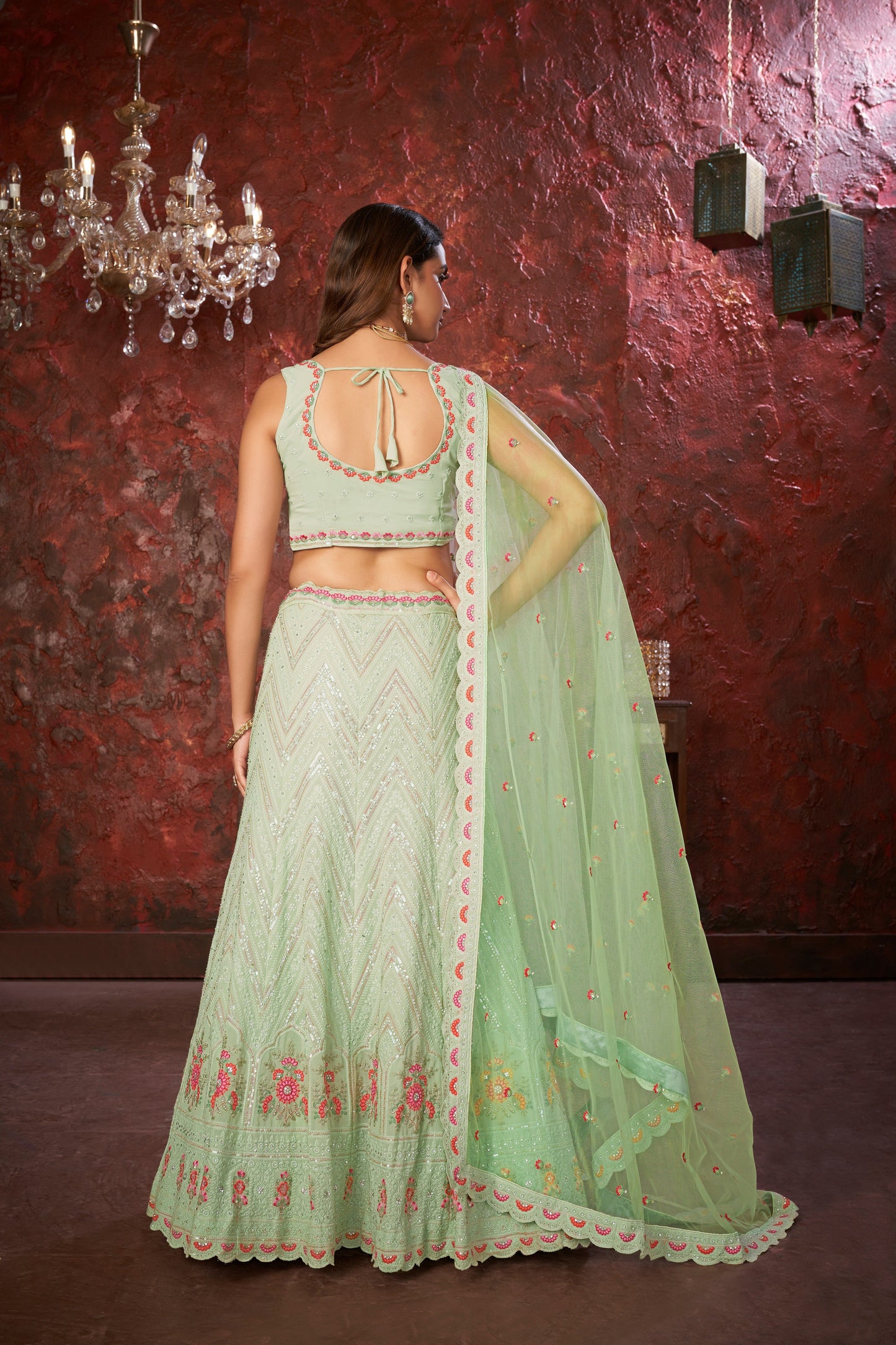 Green Embroidered Fox Georgette Lehenga Choli Set