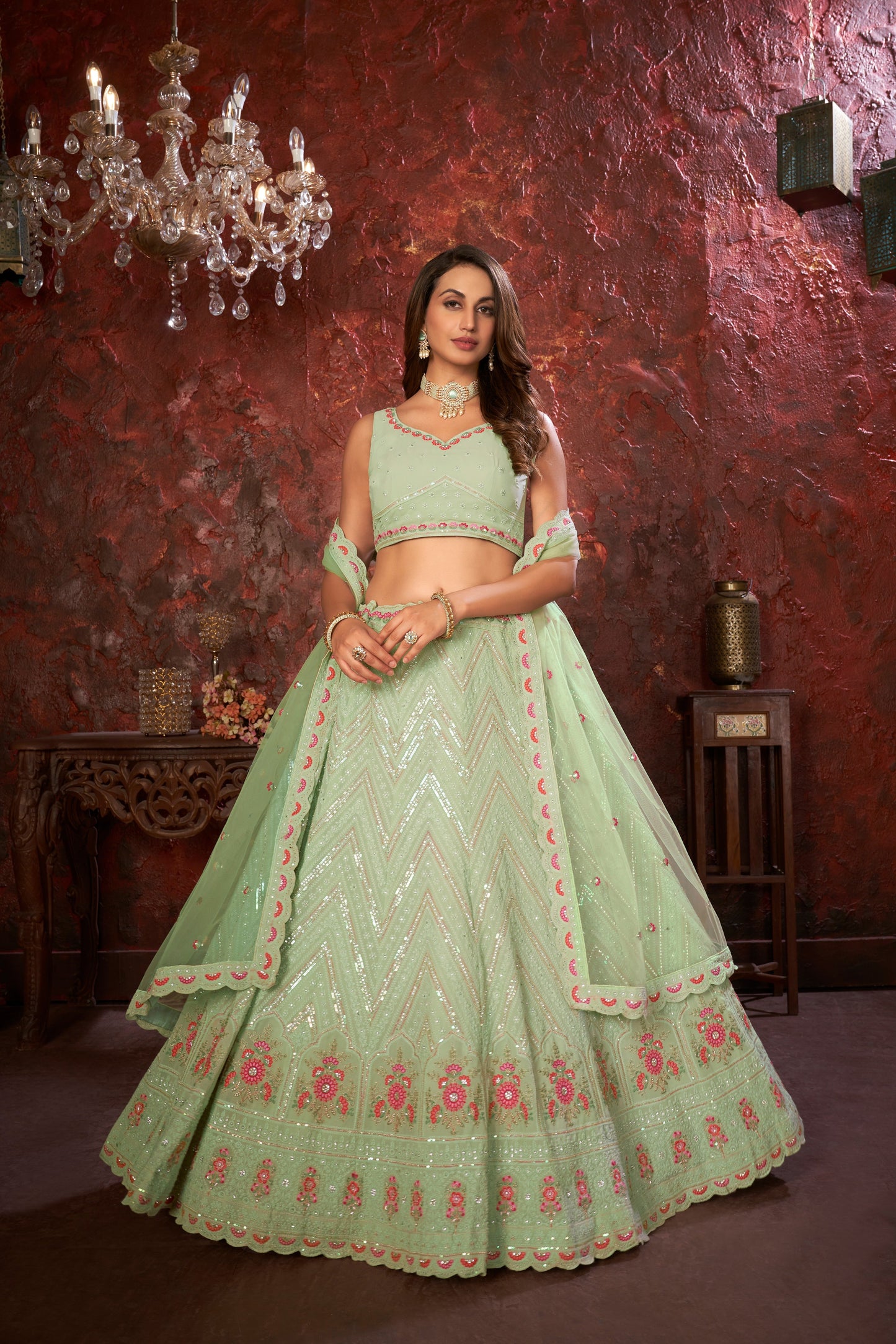 Green Embroidered Fox Georgette Lehenga Choli Set