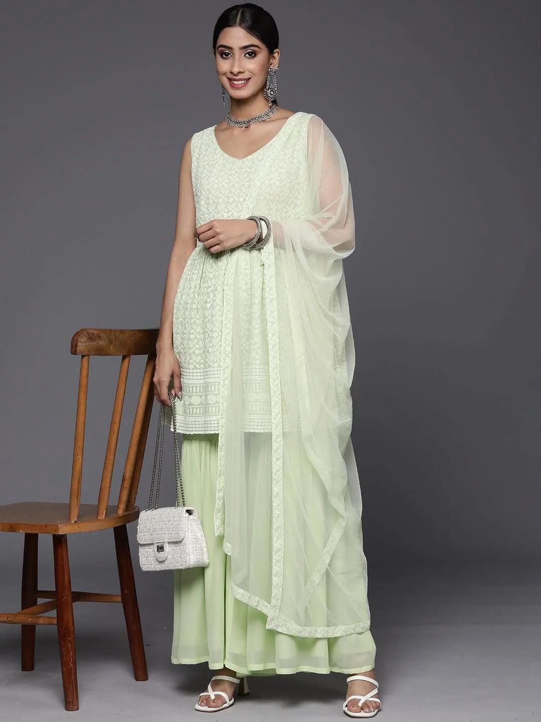 Gerua Green Embroidered Georgette A-Line Sharara Suit Set With Dupatta