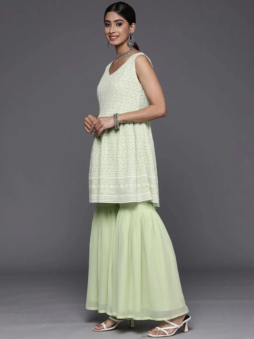 Gerua Green Embroidered Georgette A-Line Sharara Suit Set With Dupatta