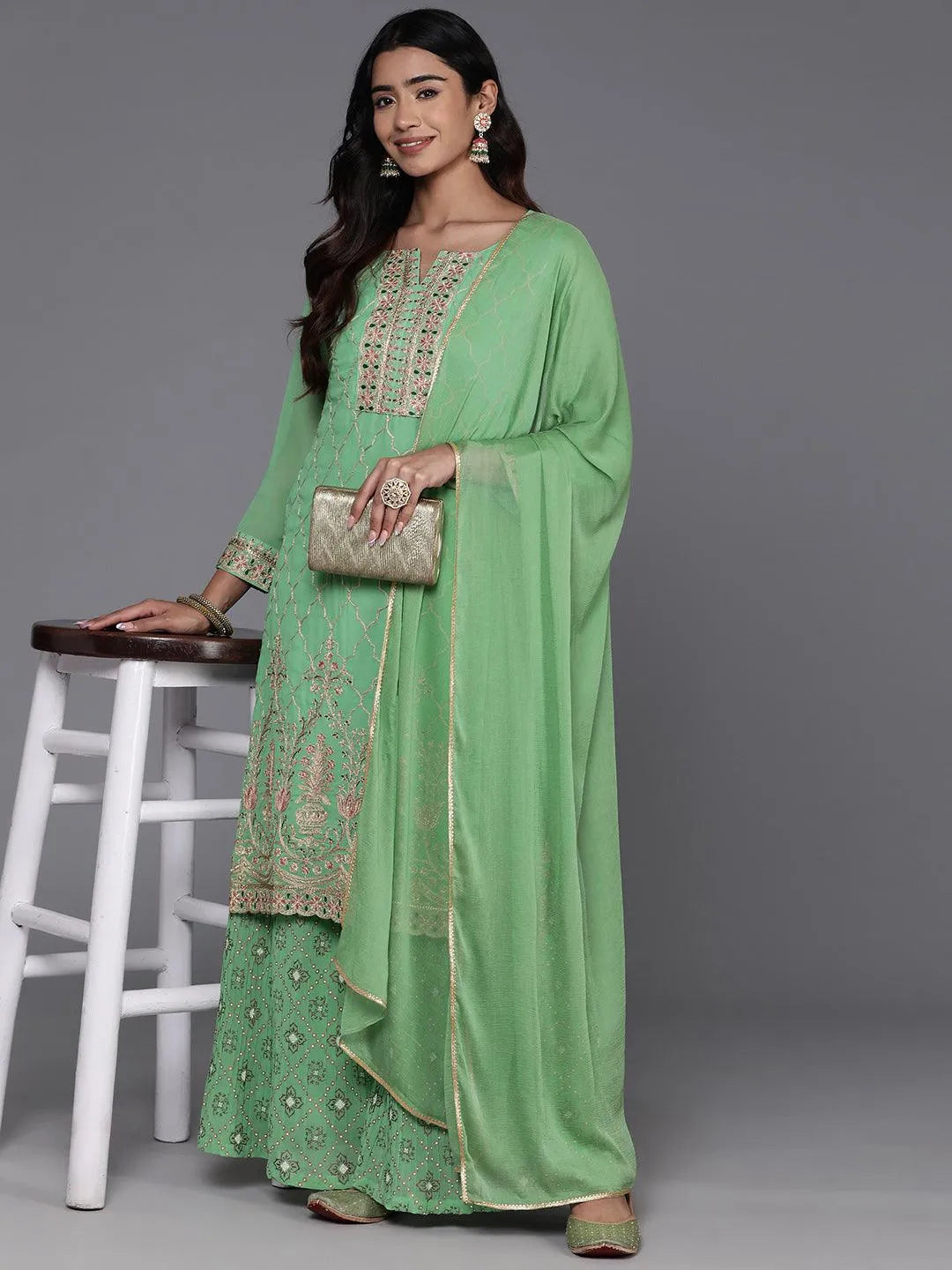 Mameraa Green Embroidered Georgette Straight Suit With Dupatta