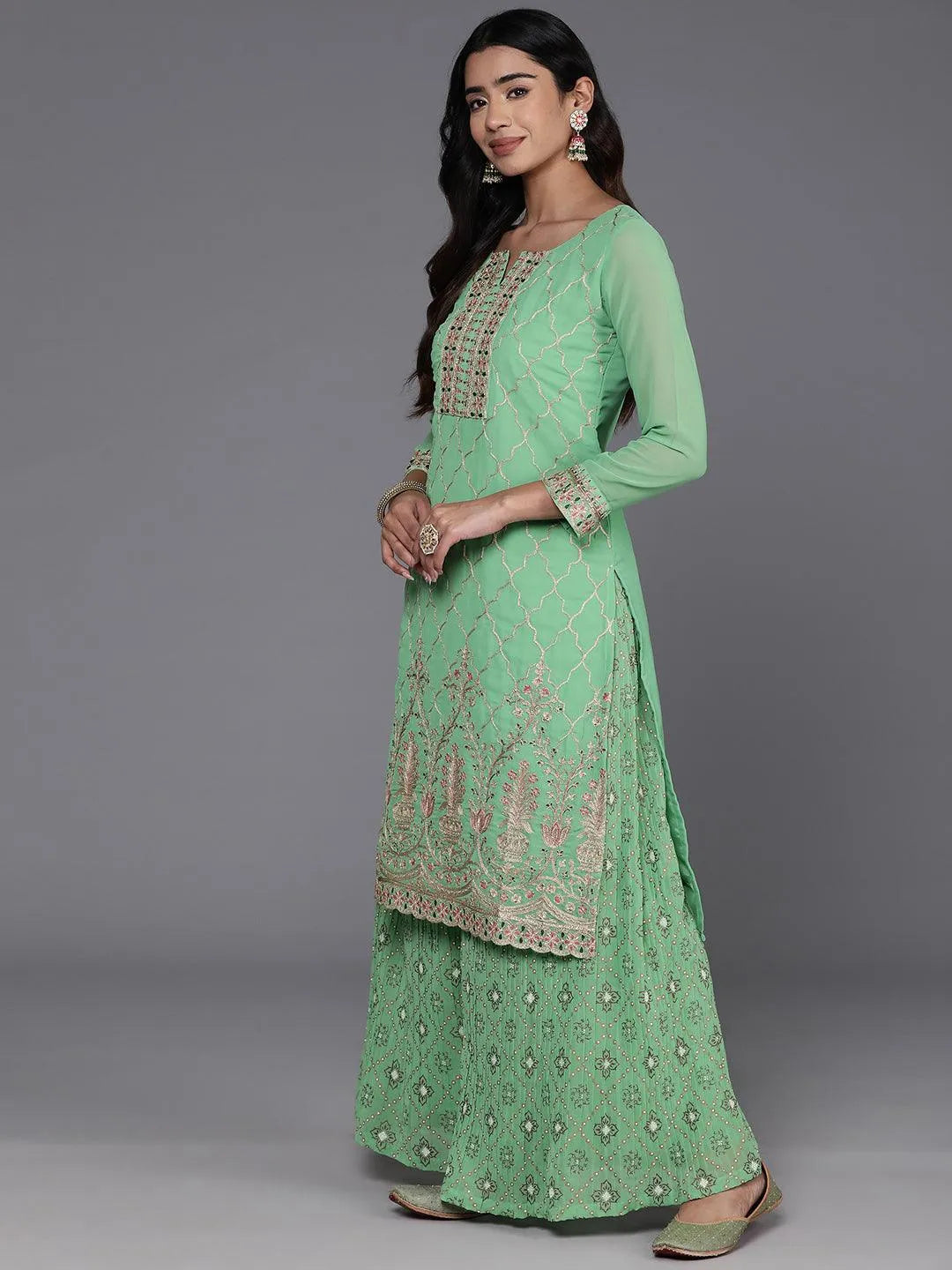 Mameraa Green Embroidered Georgette Straight Suit With Dupatta