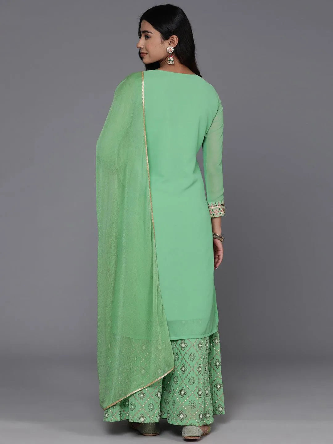 Mameraa Green Embroidered Georgette Straight Suit With Dupatta