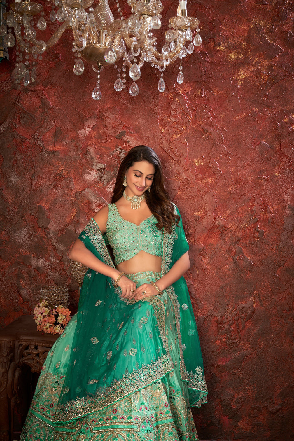 Green Embroidered Girlish Lehenga Choli Set