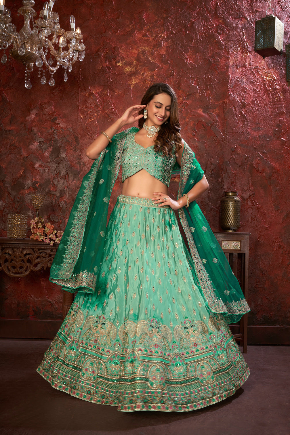 Green Embroidered Girlish Lehenga Choli Set