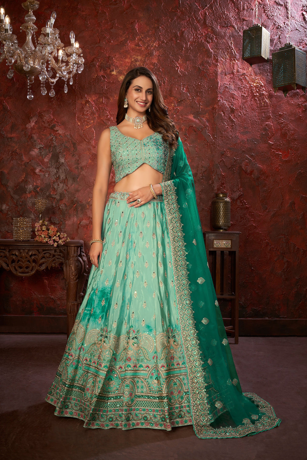 Green Embroidered Girlish Lehenga Choli Set