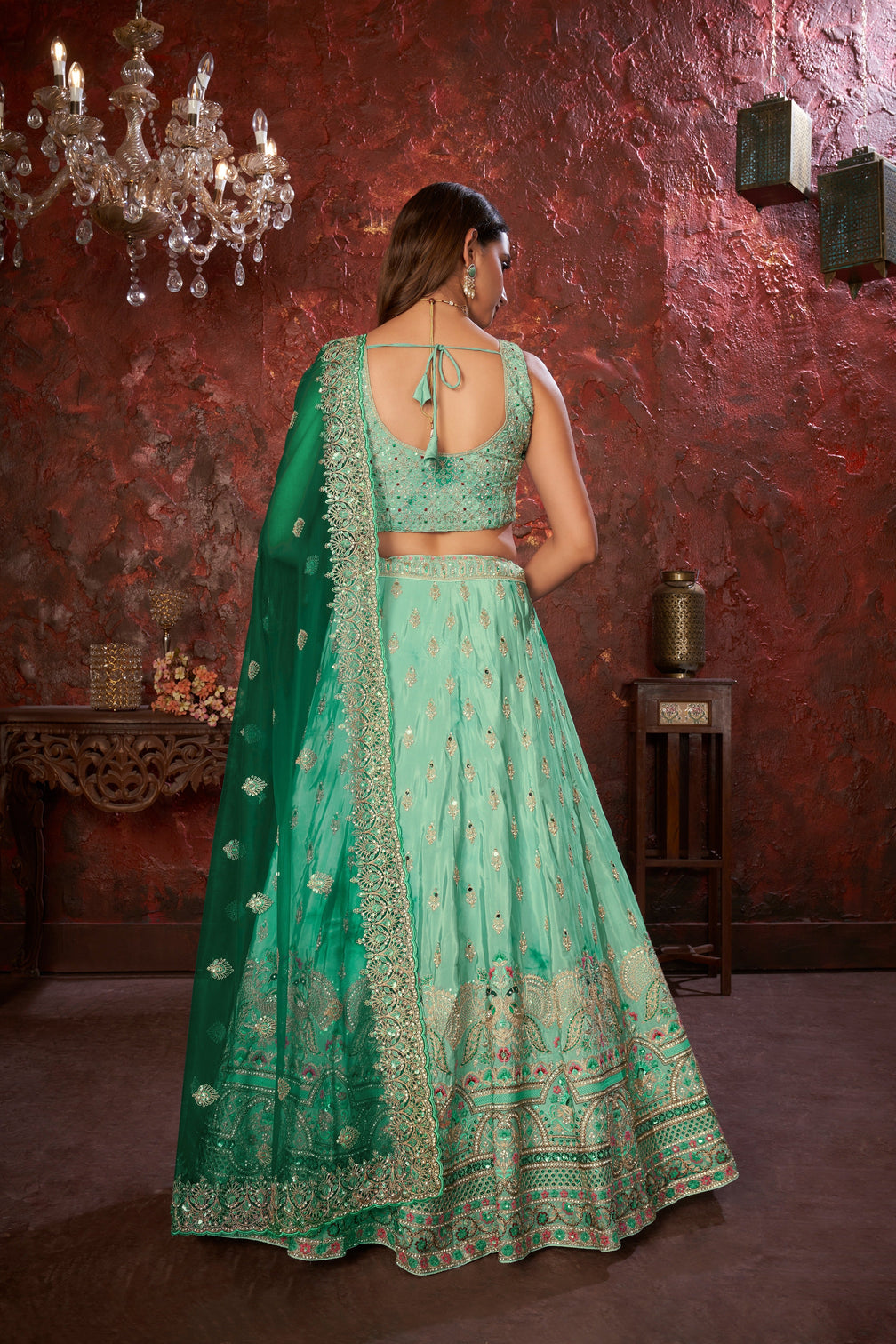 Green Embroidered Girlish Lehenga Choli Set