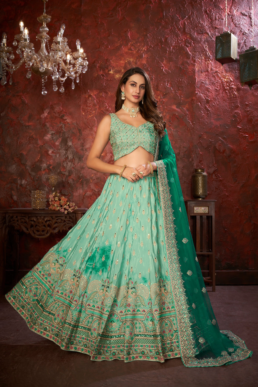 Green Embroidered Girlish Lehenga Choli Set