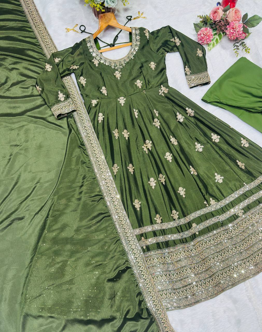 Green Embroidered Gown Set