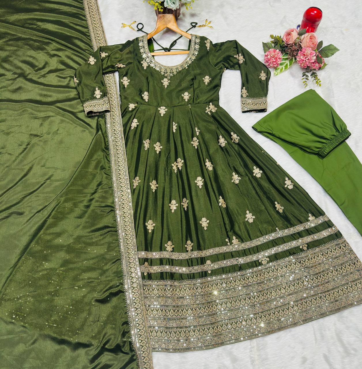 Green Embroidered Gown Set