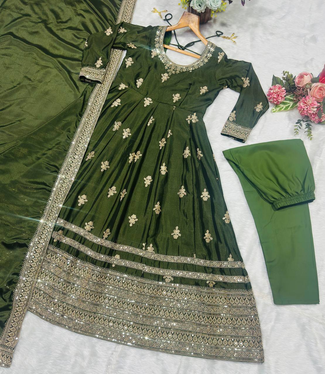 Green Embroidered Gown Set