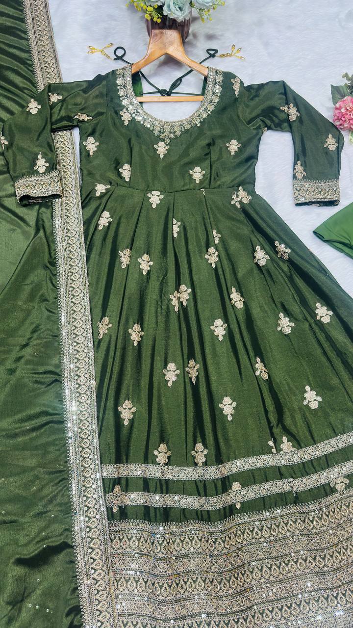 Green Embroidered Gown Set