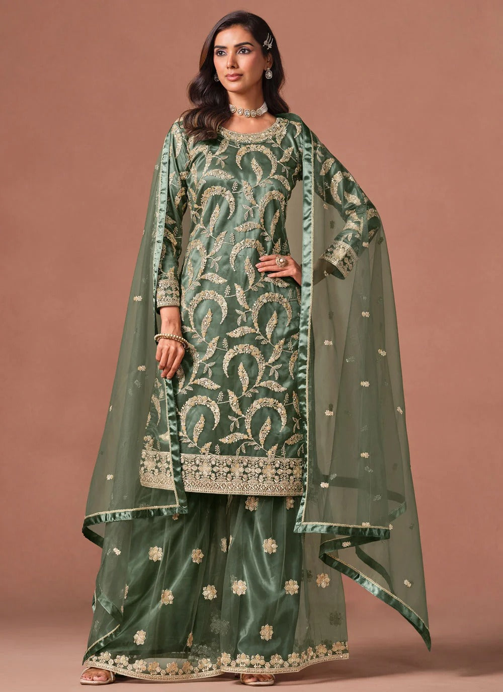 Green embroidered palazzo suit set with sequins zari work