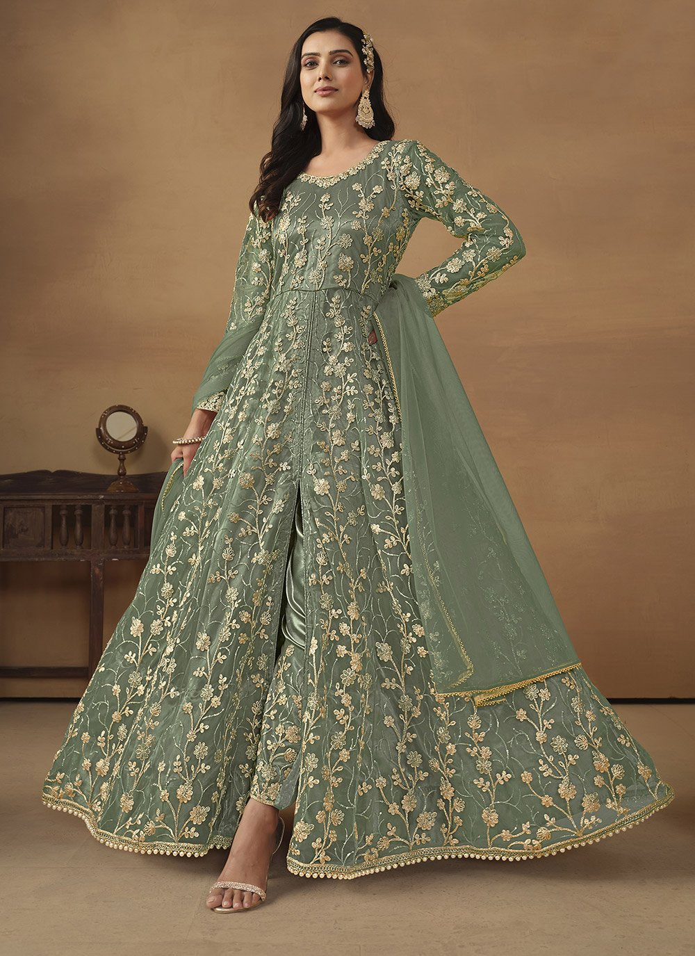 Green embroidered pant style suit in net
