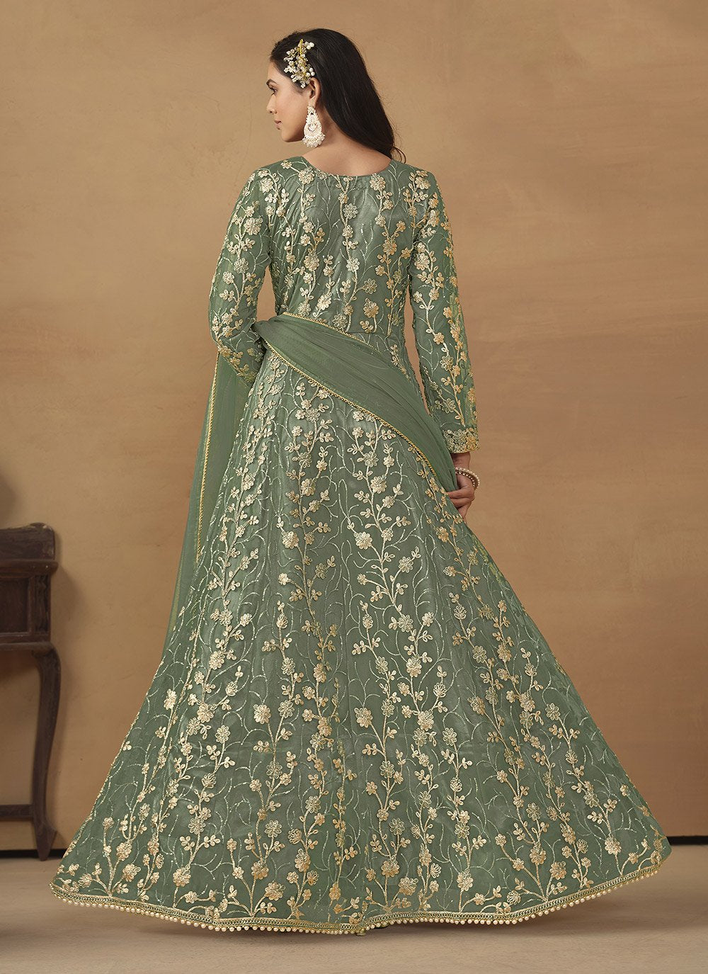 Green embroidered pant style suit in net