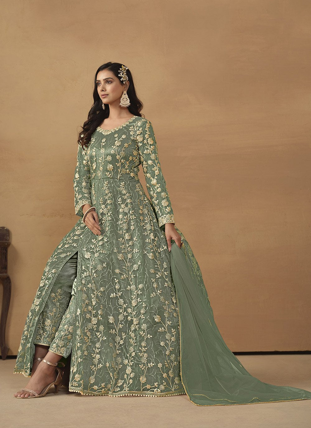 Green embroidered pant style suit in net