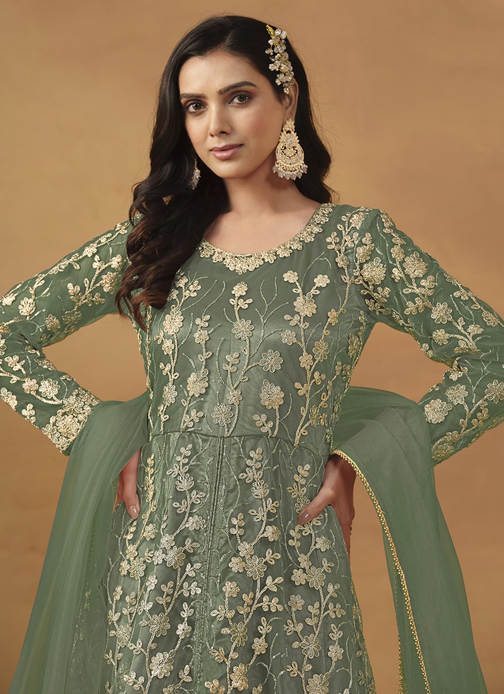 Green embroidered pant style suit in net