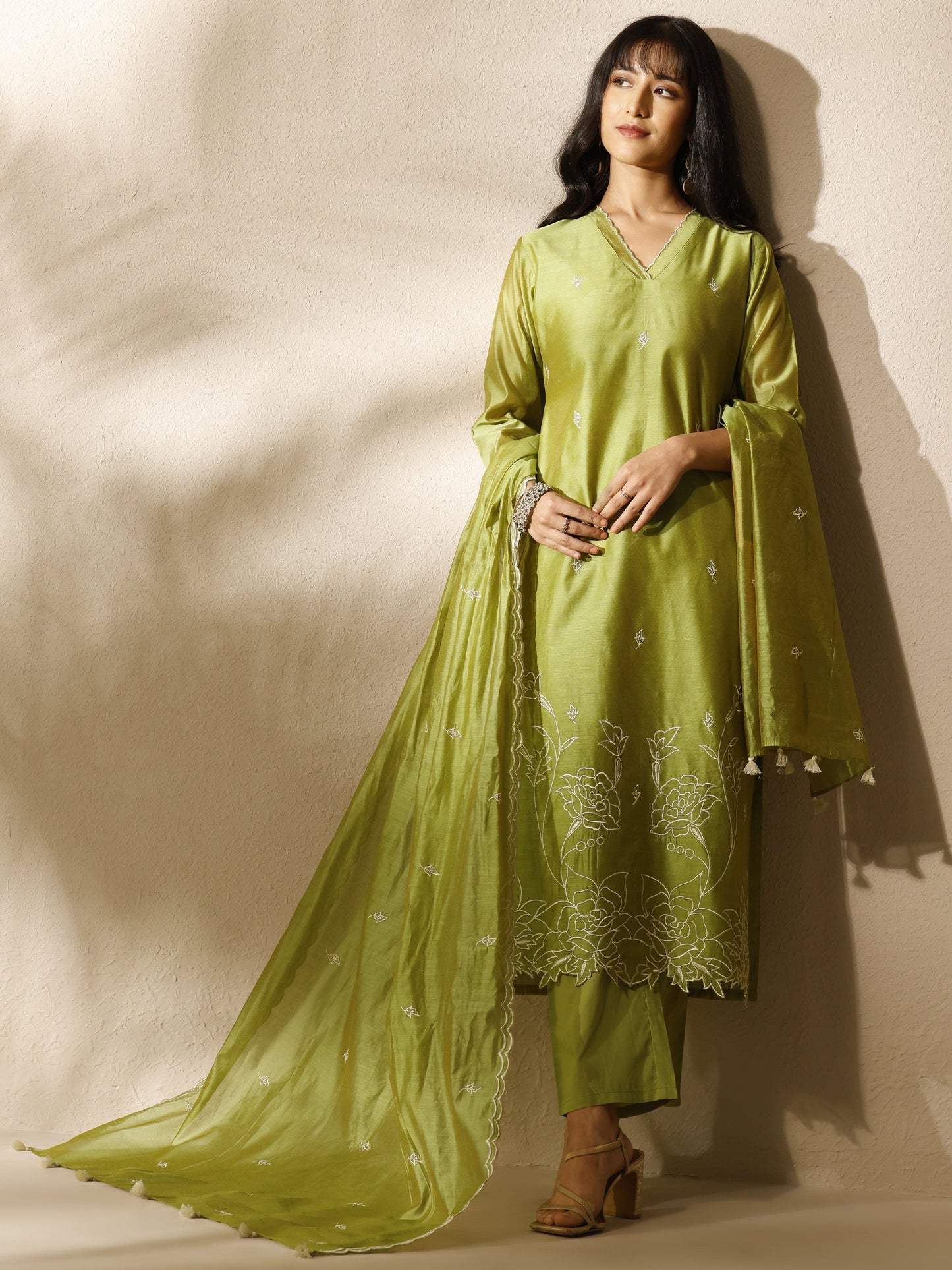 Libas Green Embroidered Silk Blend Straight Suit Set With Dupatta