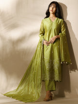 Libas Green Embroidered Silk Blend Straight Suit Set With Dupatta