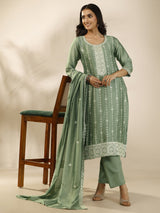 Libas Green Embroidered Silk Blend Straight Suit Set With Dupatta