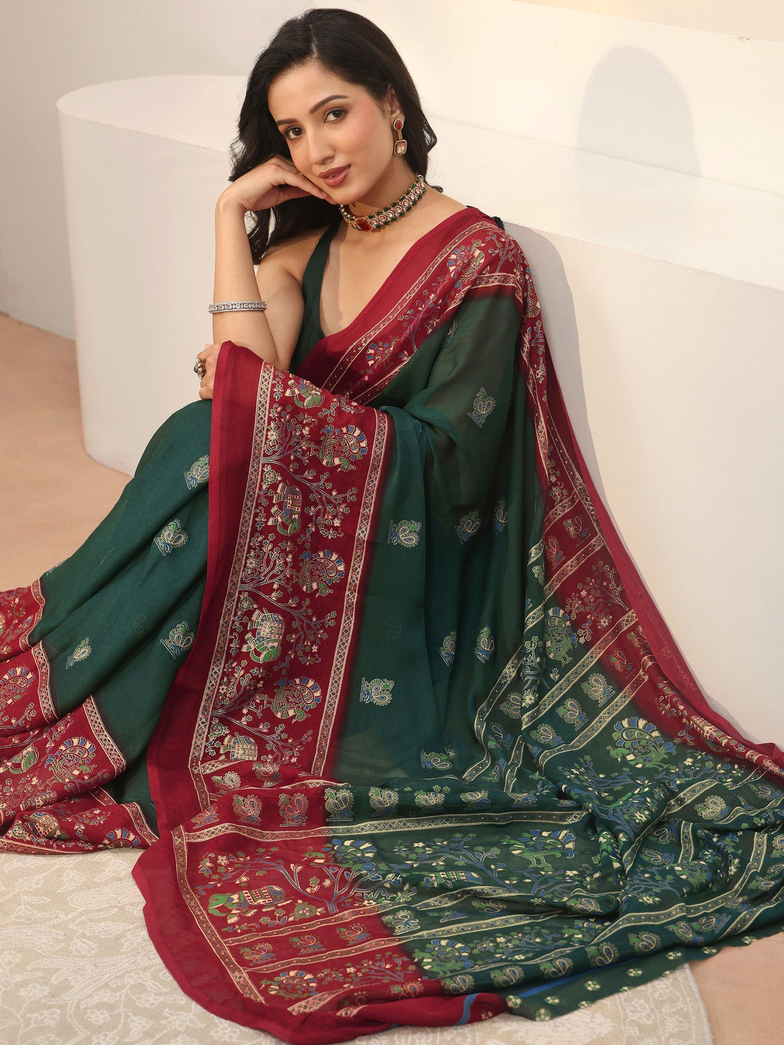 Mameraa Green Ethnic Printed Georgette Saree