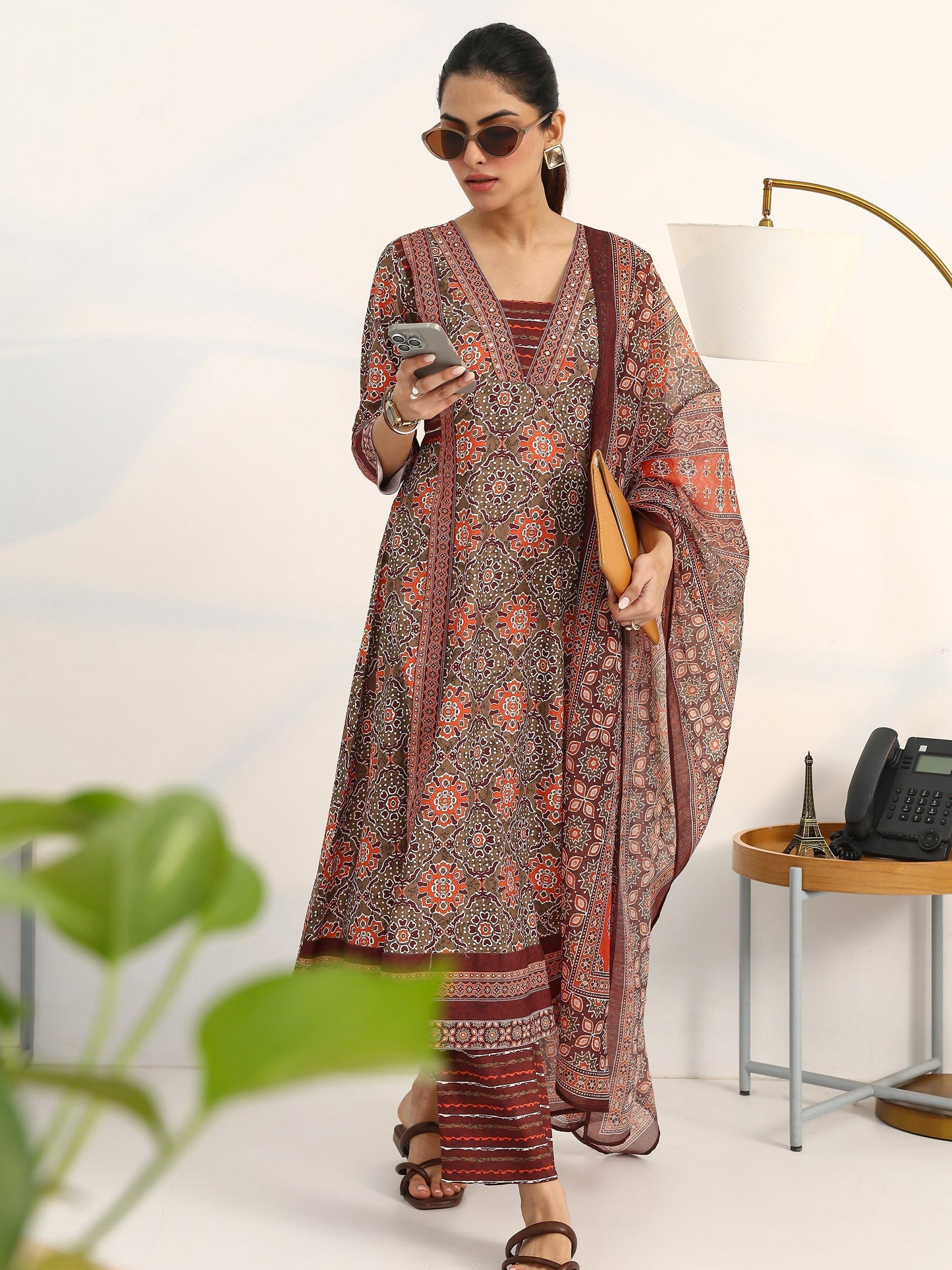 Gerua Green Ethnic Motifs Printed Cotton Blend A-Line Suit Set With Dupatta