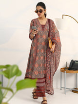 Gerua Green Ethnic Motifs Printed Cotton Blend A-Line Suit Set With Dupatta