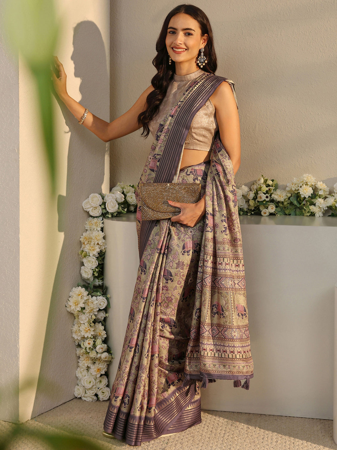 Mameraa Green Ethnic Printed Silk Blend Saree With Unstitched Blouse Piece